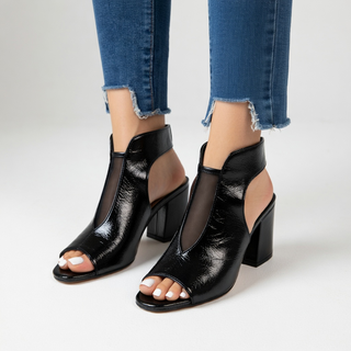 Arabelle™ — Sandale à bout ouvert talon bloc 8 cm résille noire élégance urbaine