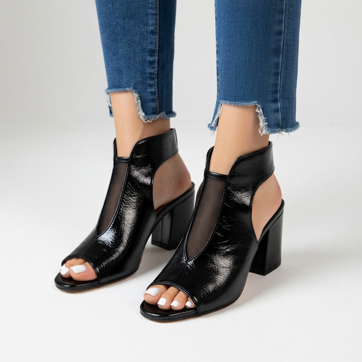 Arabelle™ — Sandale à bout ouvert talon bloc 8 cm résille noire élégance urbaine