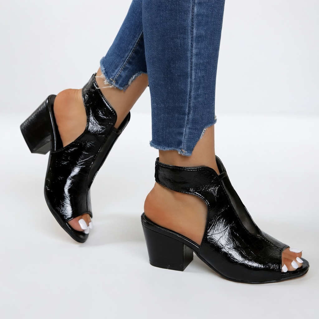 Arabelle™ — Sandale à bout ouvert talon bloc 8 cm résille noire élégance urbaine