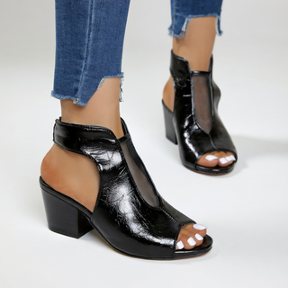 Arabelle™ — Sandale à bout ouvert talon bloc 8 cm résille noire élégance urbaine