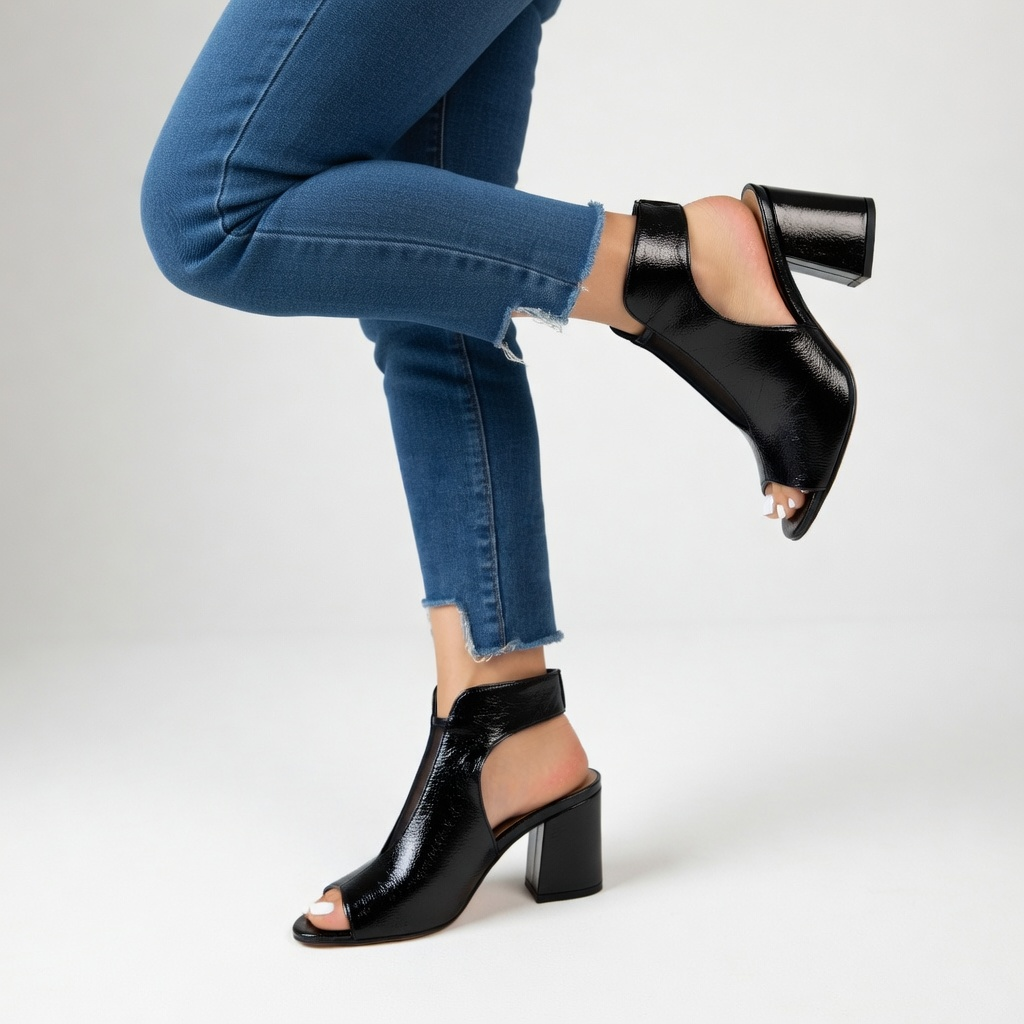 Arabelle™ — Sandale à bout ouvert talon bloc 8 cm résille noire élégance urbaine