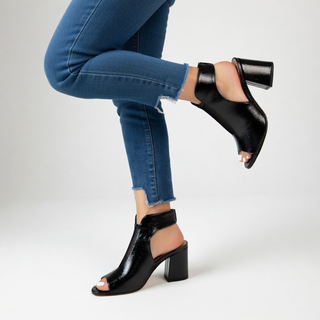 Arabelle™ — Sandale à bout ouvert talon bloc 8 cm résille noire élégance urbaine