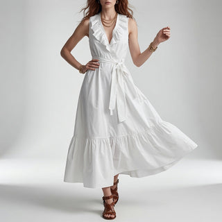 Frênaie™ — Robe maxi col V volants ceinture élégante