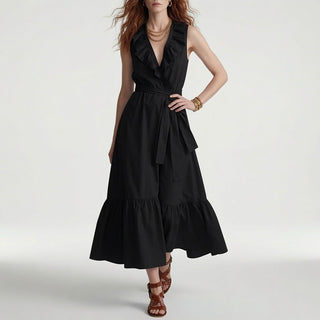 Frênaie™ — Robe maxi col V volants ceinture élégante