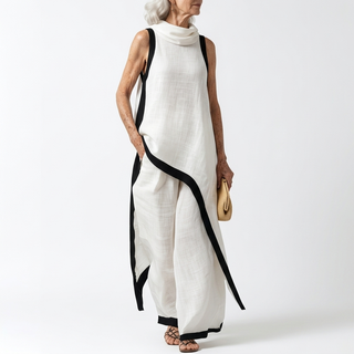 Angélique™ — Robe longue bicolore liseré contraste élégance minimaliste