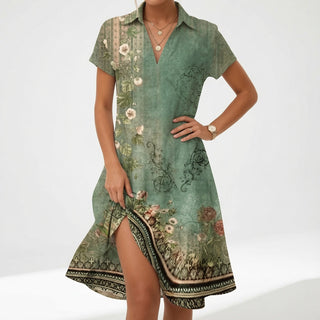 Chemiselle™ — Robe chemise col V fente latérale imprimée