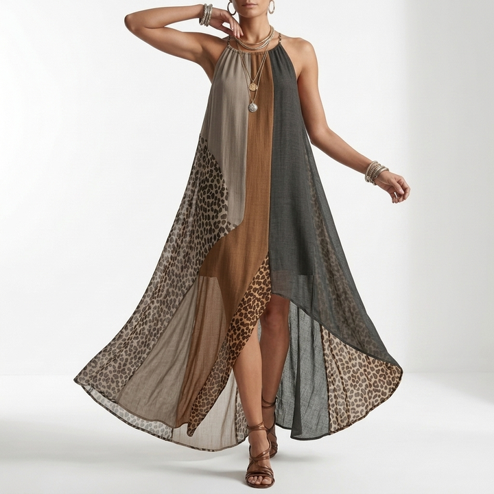 Fauveline™ — Robe maxi halter colorblock imprimé animalier