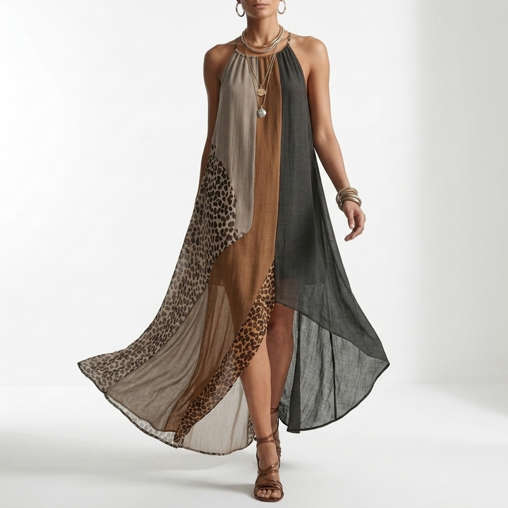 Fauveline™ — Robe maxi halter colorblock imprimé animalier